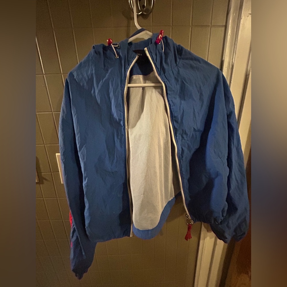 Forever 21 women’s Blue Hooded Windbreaker with Red Pull Tabs